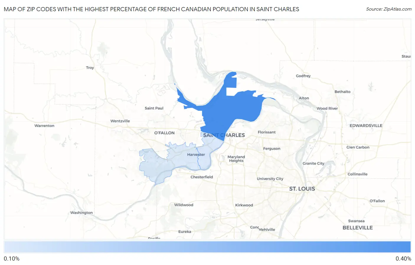 Zip Codes with the Highest Percentage of French Canadian Population in Saint Charles Map