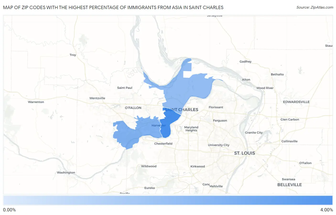 Zip Codes with the Highest Percentage of Immigrants from Asia in Saint Charles Map