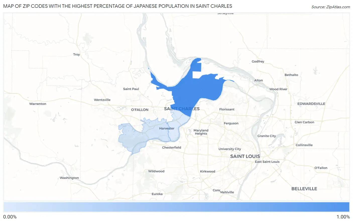 Zip Codes with the Highest Percentage of Japanese Population in Saint Charles Map