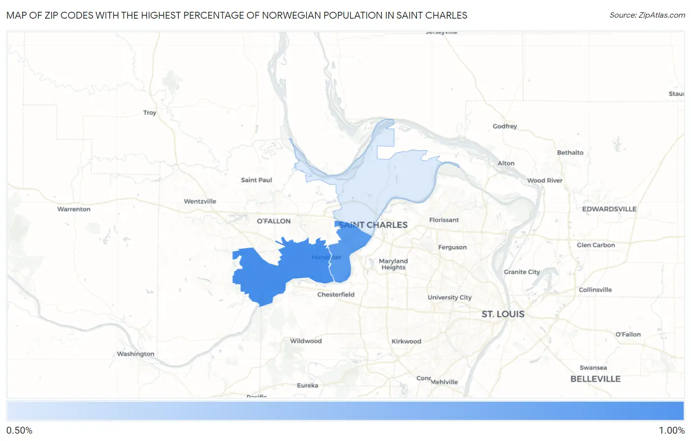 Zip Codes with the Highest Percentage of Norwegian Population in Saint Charles Map