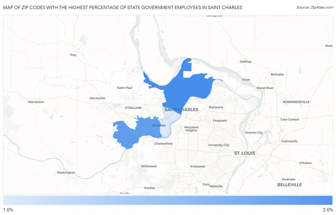Zip Codes with the Highest Percentage of State Government Employees in Saint Charles Map