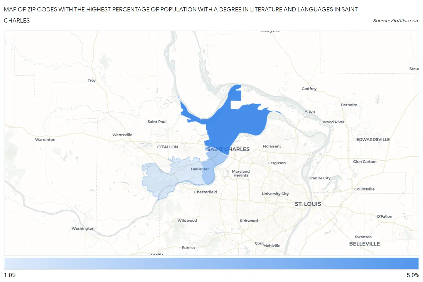 Zip Codes with the Highest Percentage of Population with a Degree in Literature and Languages in Saint Charles Map