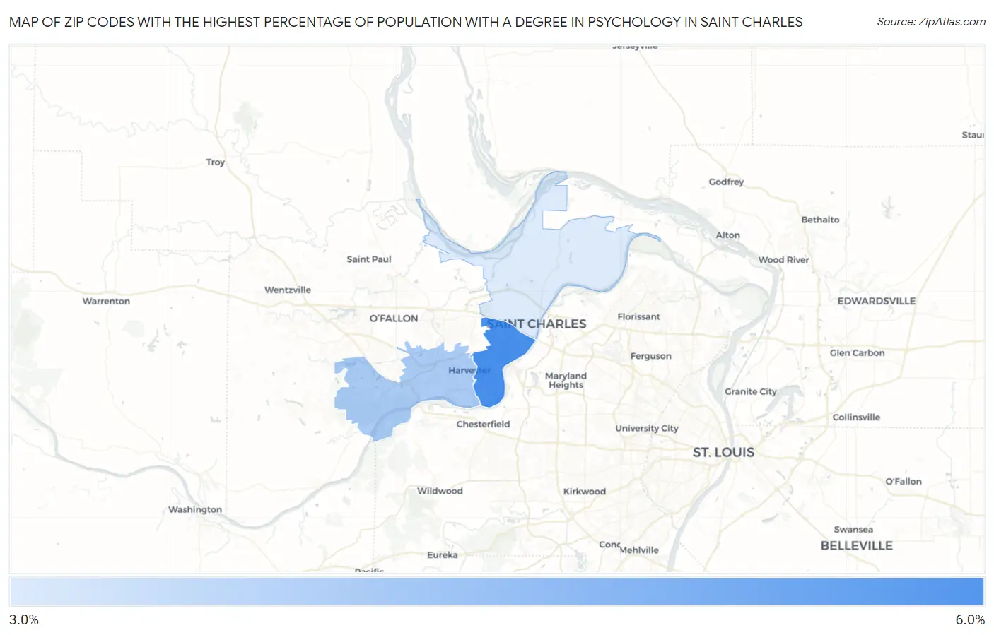 Zip Codes with the Highest Percentage of Population with a Degree in Psychology in Saint Charles Map