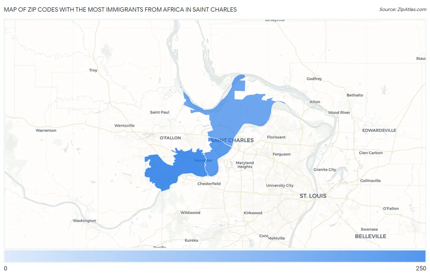 Zip Codes with the Most Immigrants from Africa in Saint Charles Map