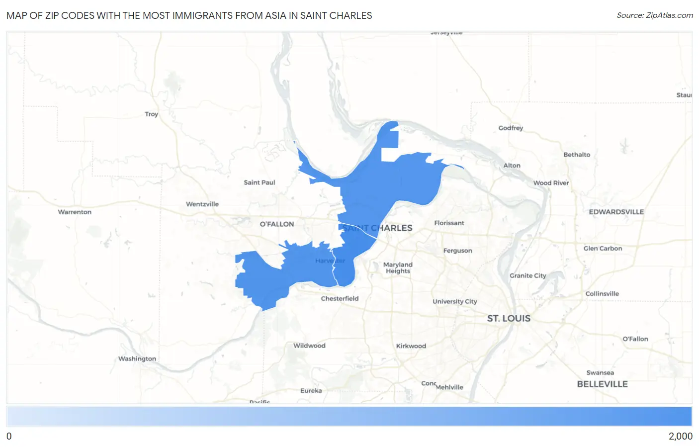 Zip Codes with the Most Immigrants from Asia in Saint Charles Map