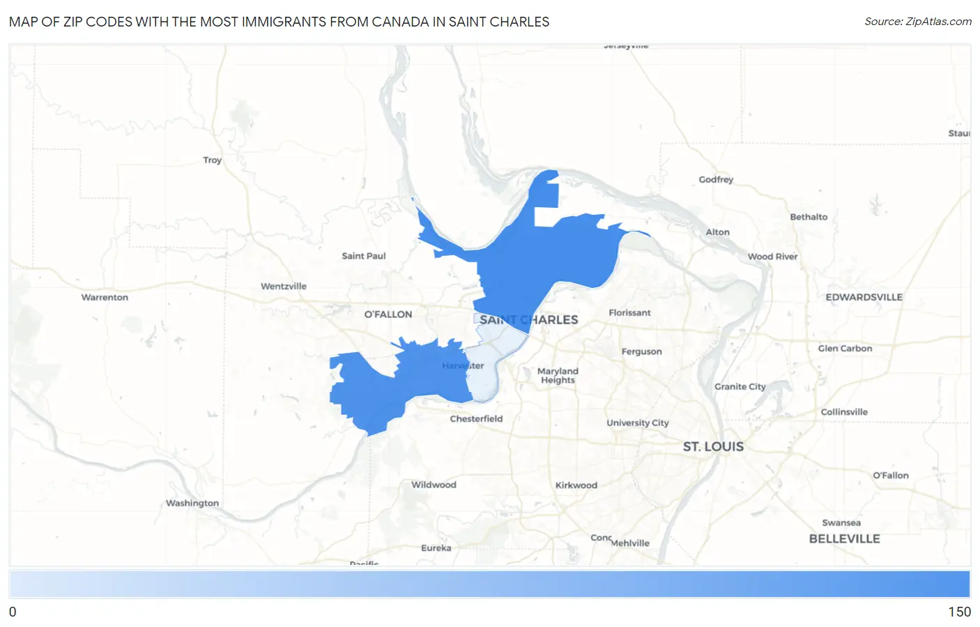 Zip Codes with the Most Immigrants from Canada in Saint Charles Map