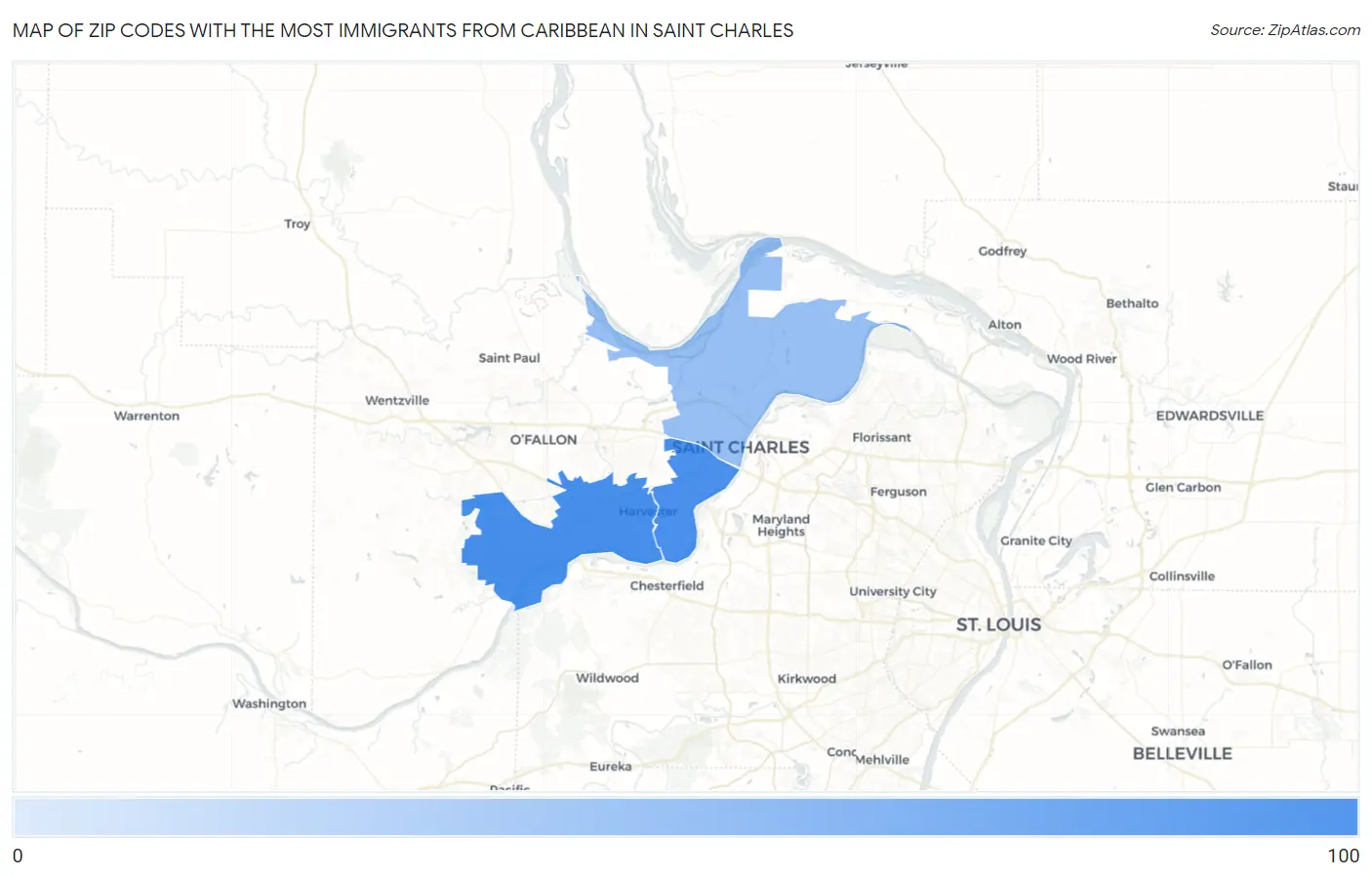Zip Codes with the Most Immigrants from Caribbean in Saint Charles Map