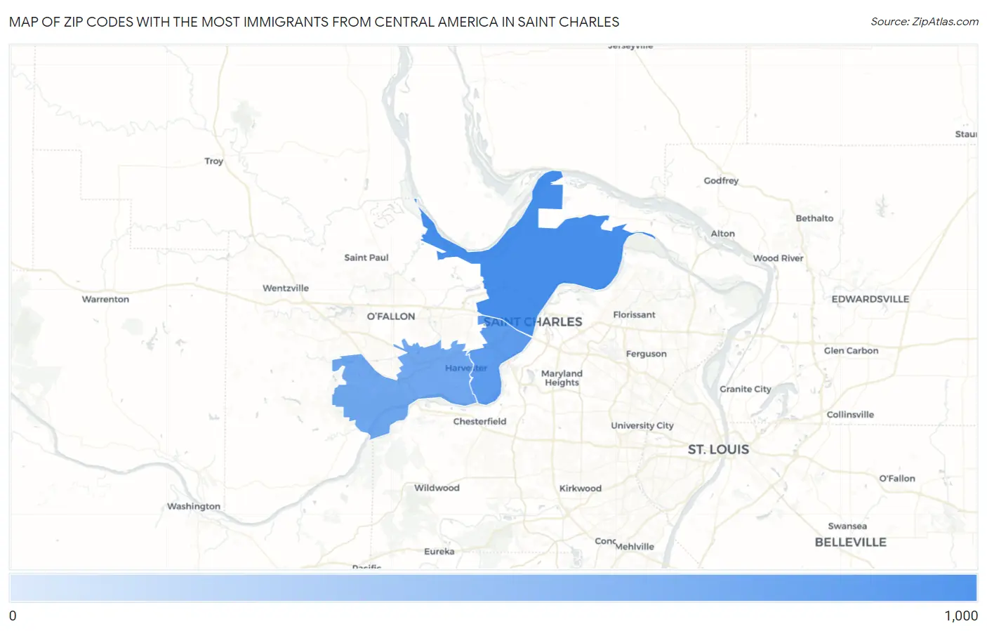 Zip Codes with the Most Immigrants from Central America in Saint Charles Map