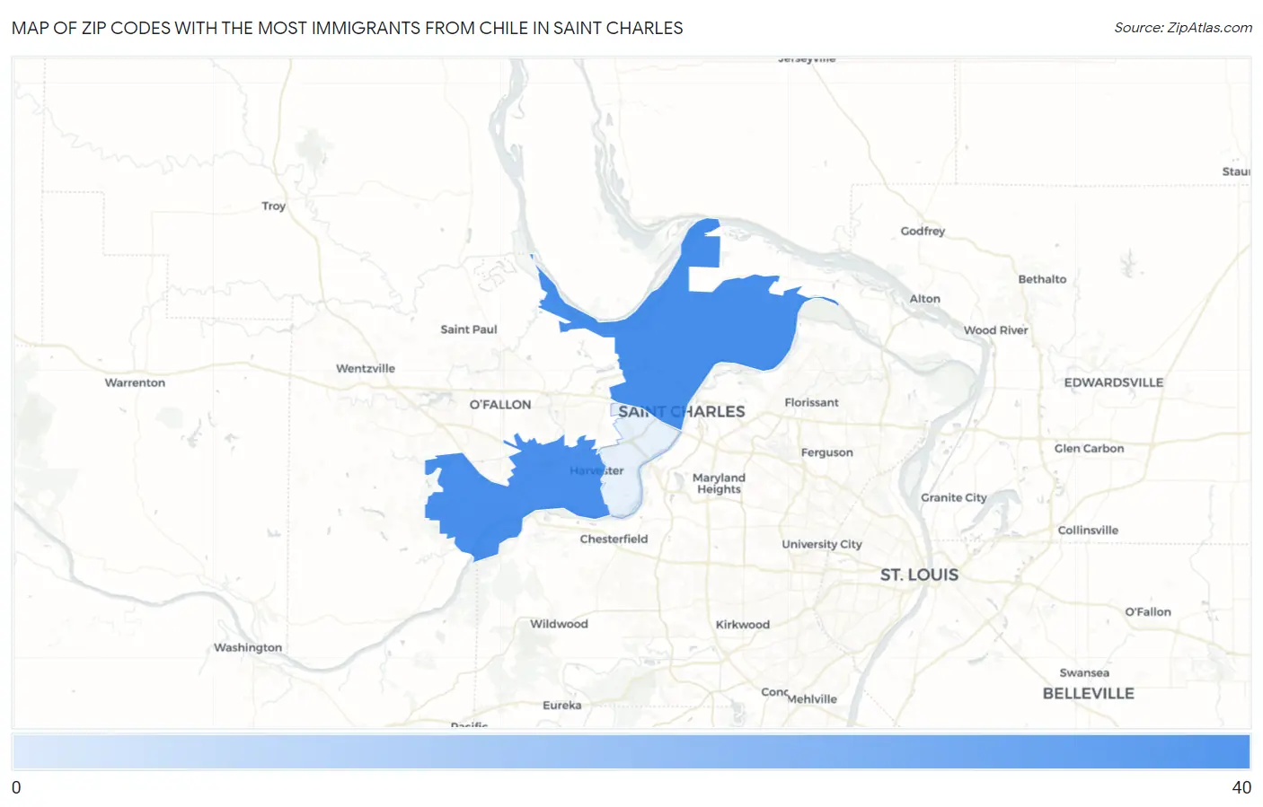 Zip Codes with the Most Immigrants from Chile in Saint Charles Map