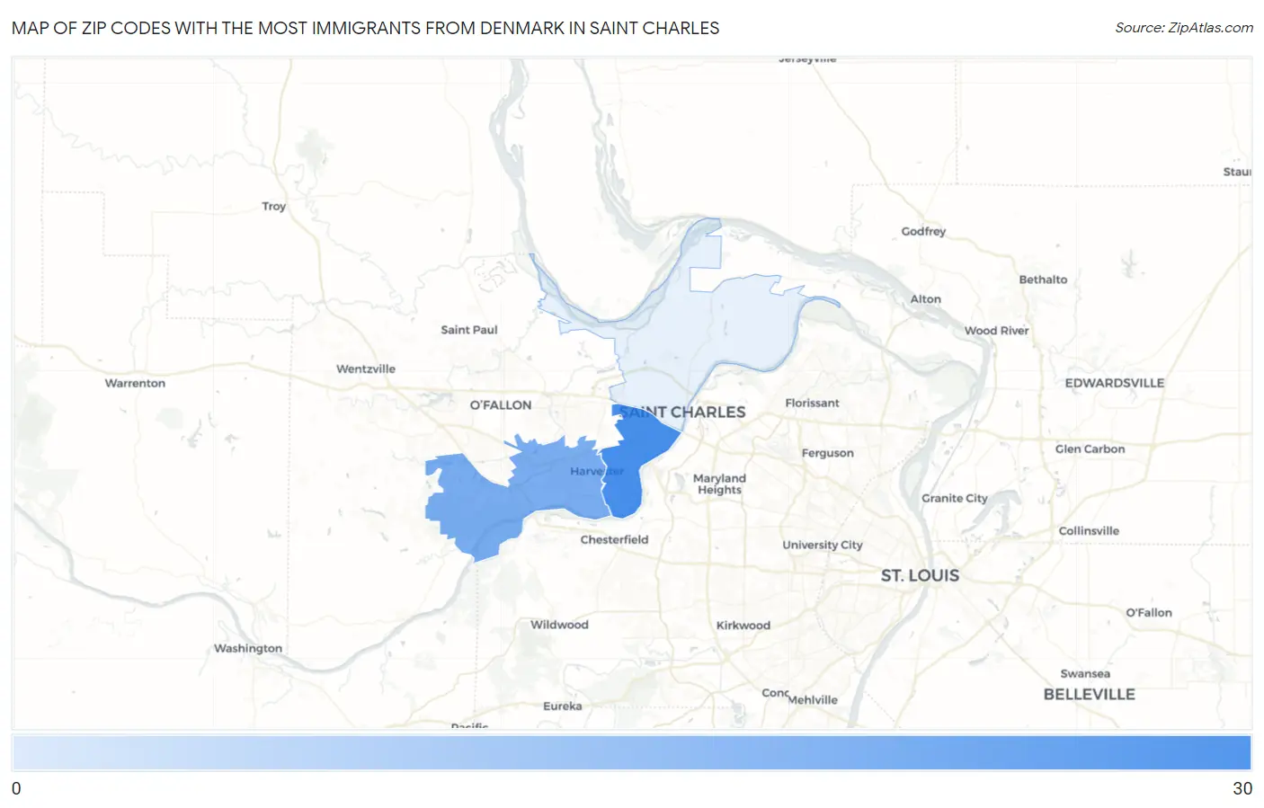 Zip Codes with the Most Immigrants from Denmark in Saint Charles Map