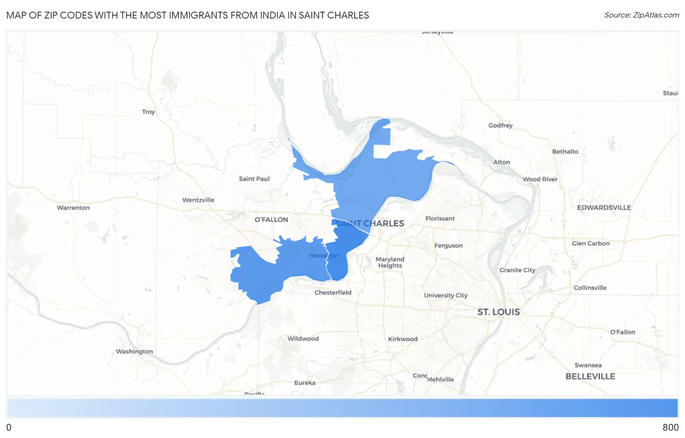 Zip Codes with the Most Immigrants from India in Saint Charles Map