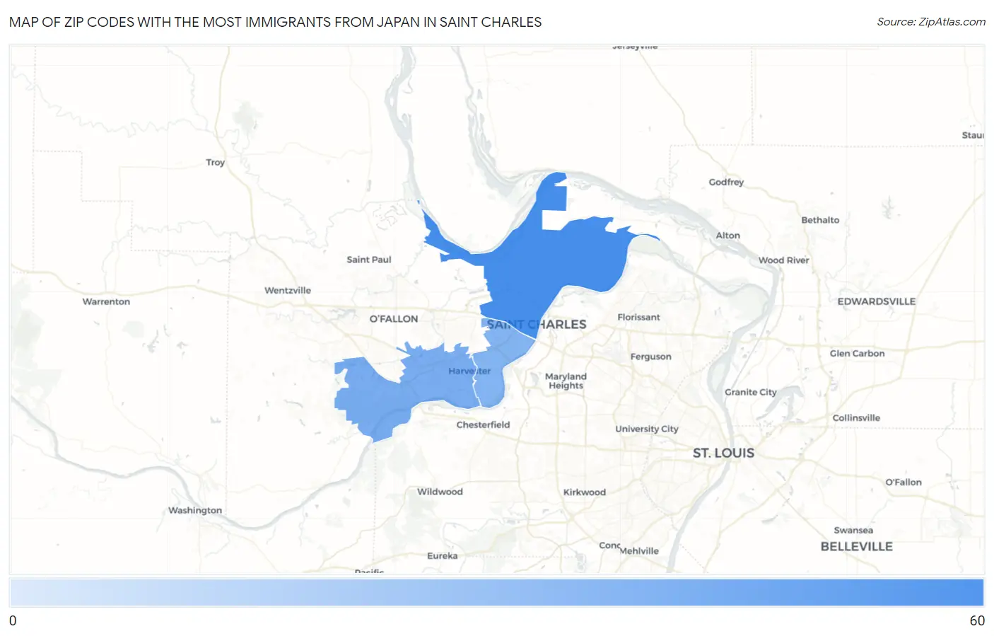 Zip Codes with the Most Immigrants from Japan in Saint Charles Map