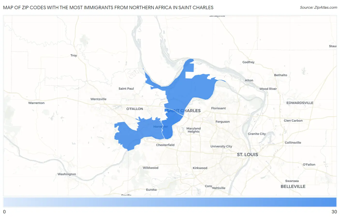 Zip Codes with the Most Immigrants from Northern Africa in Saint Charles Map