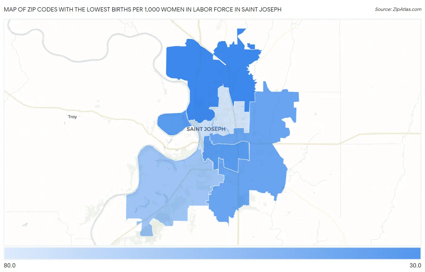 Zip Codes with the Lowest Births per 1,000 Women in Labor Force in Saint Joseph Map