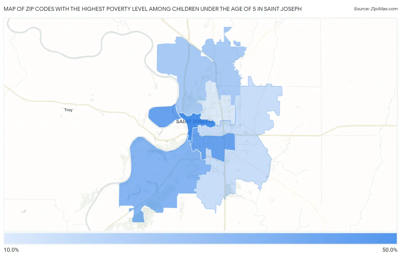 Zip Codes with the Highest Poverty Level Among Children Under the Age of 5 in Saint Joseph Map