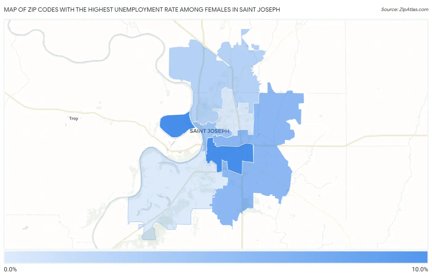 Zip Codes with the Highest Unemployment Rate Among Females in Saint Joseph Map