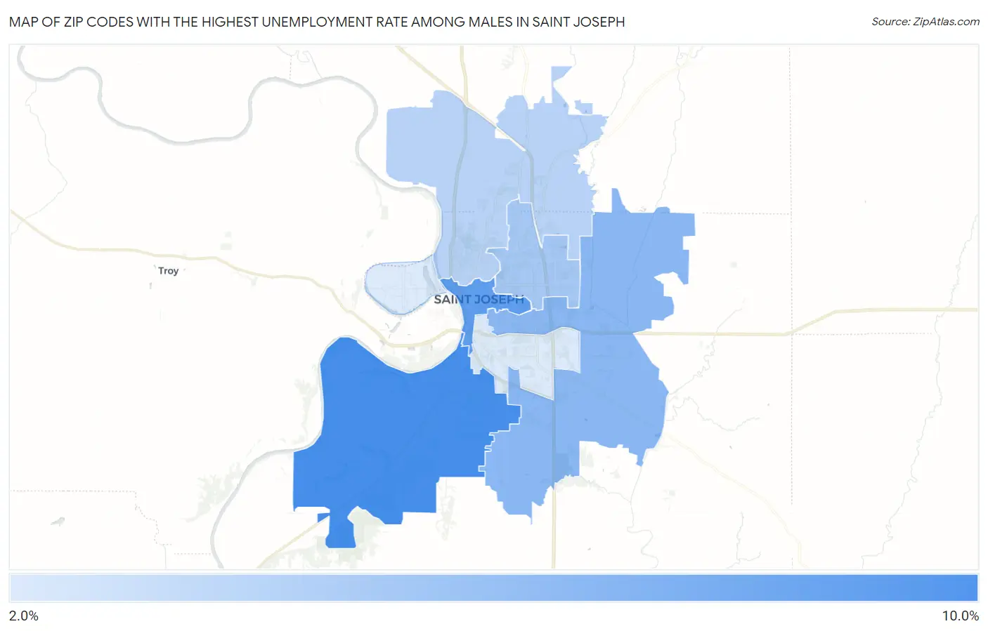 Zip Codes with the Highest Unemployment Rate Among Males in Saint Joseph Map