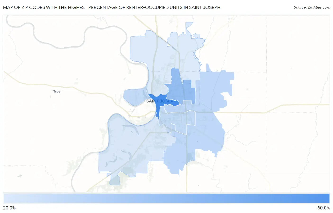 Zip Codes with the Highest Percentage of Renter-Occupied Units in Saint Joseph Map