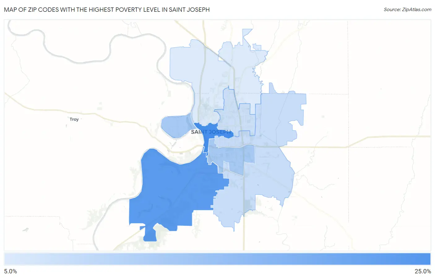 Zip Codes with the Highest Poverty Level in Saint Joseph Map