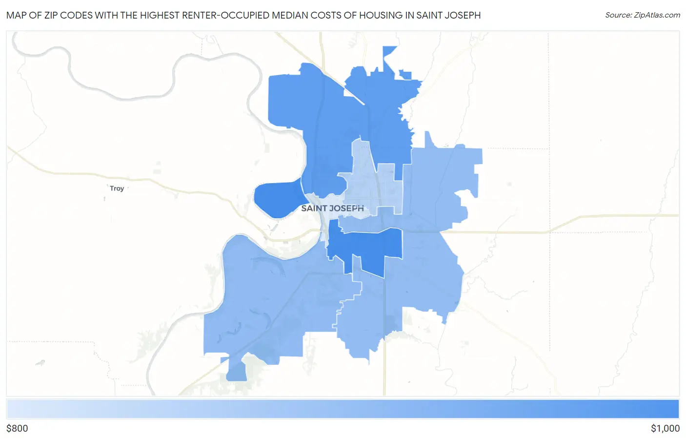Zip Codes with the Highest Renter-Occupied Median Costs of Housing in Saint Joseph Map