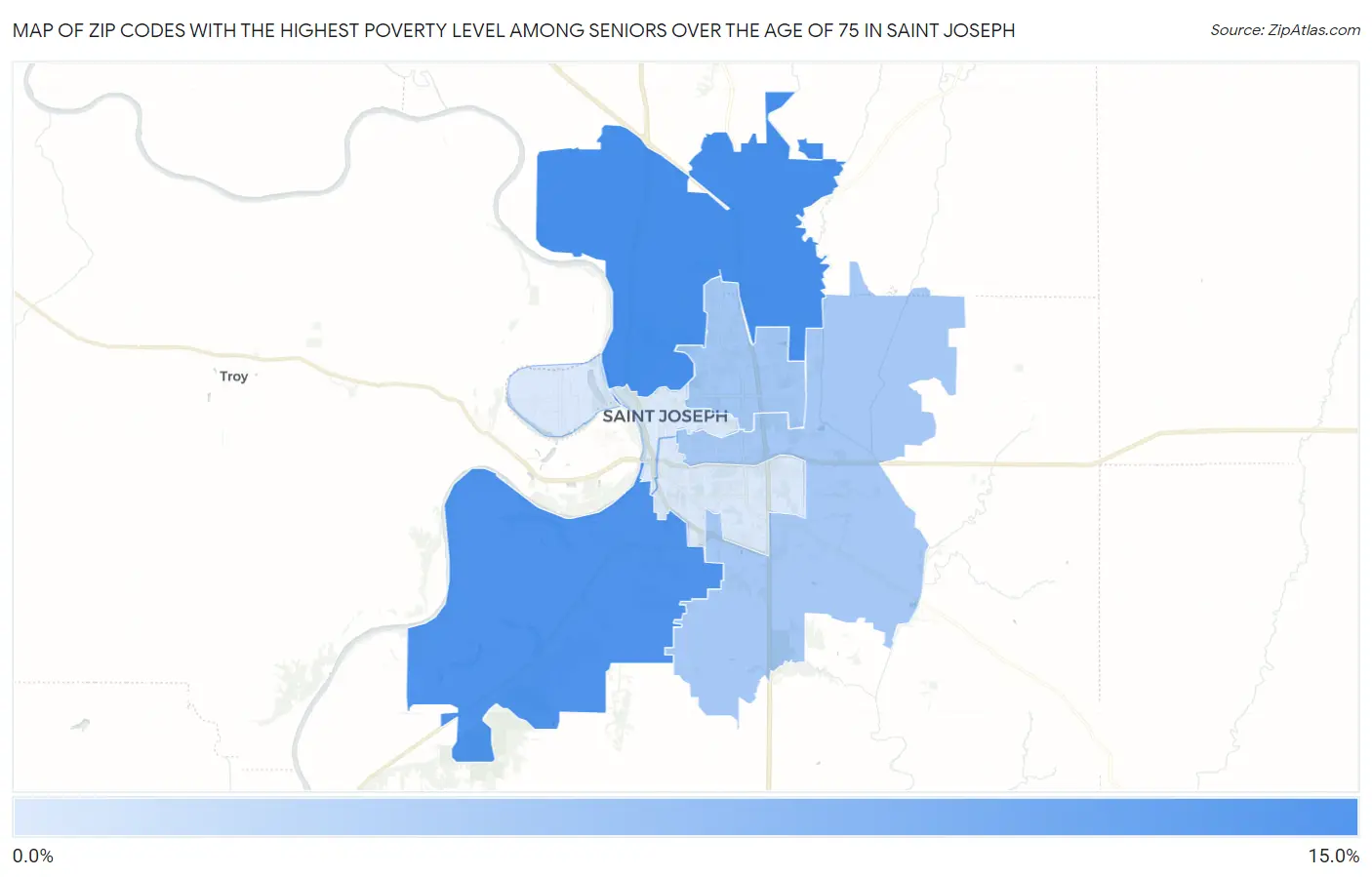 Zip Codes with the Highest Poverty Level Among Seniors Over the Age of 75 in Saint Joseph Map