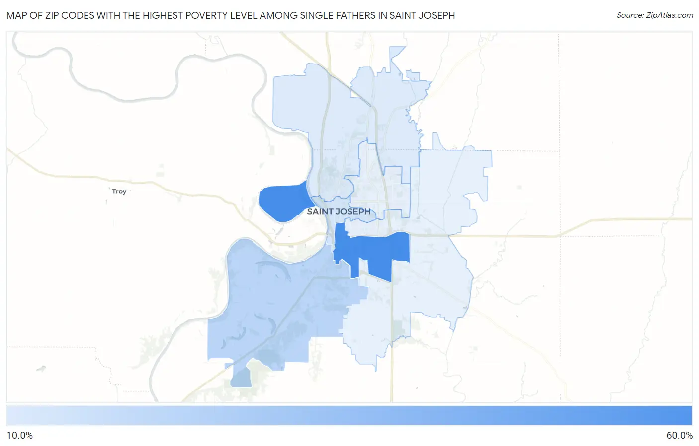 Zip Codes with the Highest Poverty Level Among Single Fathers in Saint Joseph Map