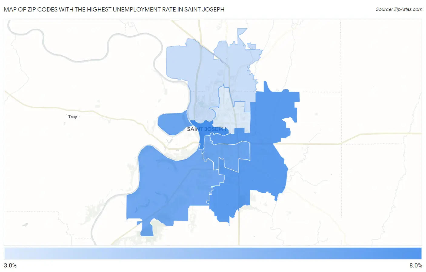 Zip Codes with the Highest Unemployment Rate in Saint Joseph Map