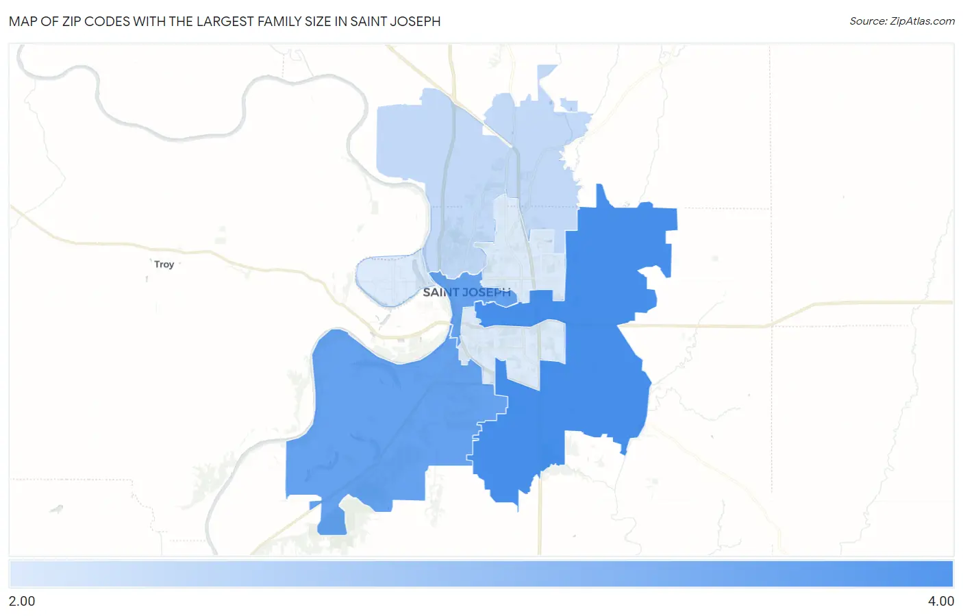 Zip Codes with the Largest Family Size in Saint Joseph Map