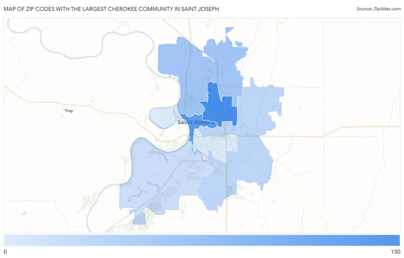 Zip Codes with the Largest Cherokee Community in Saint Joseph Map