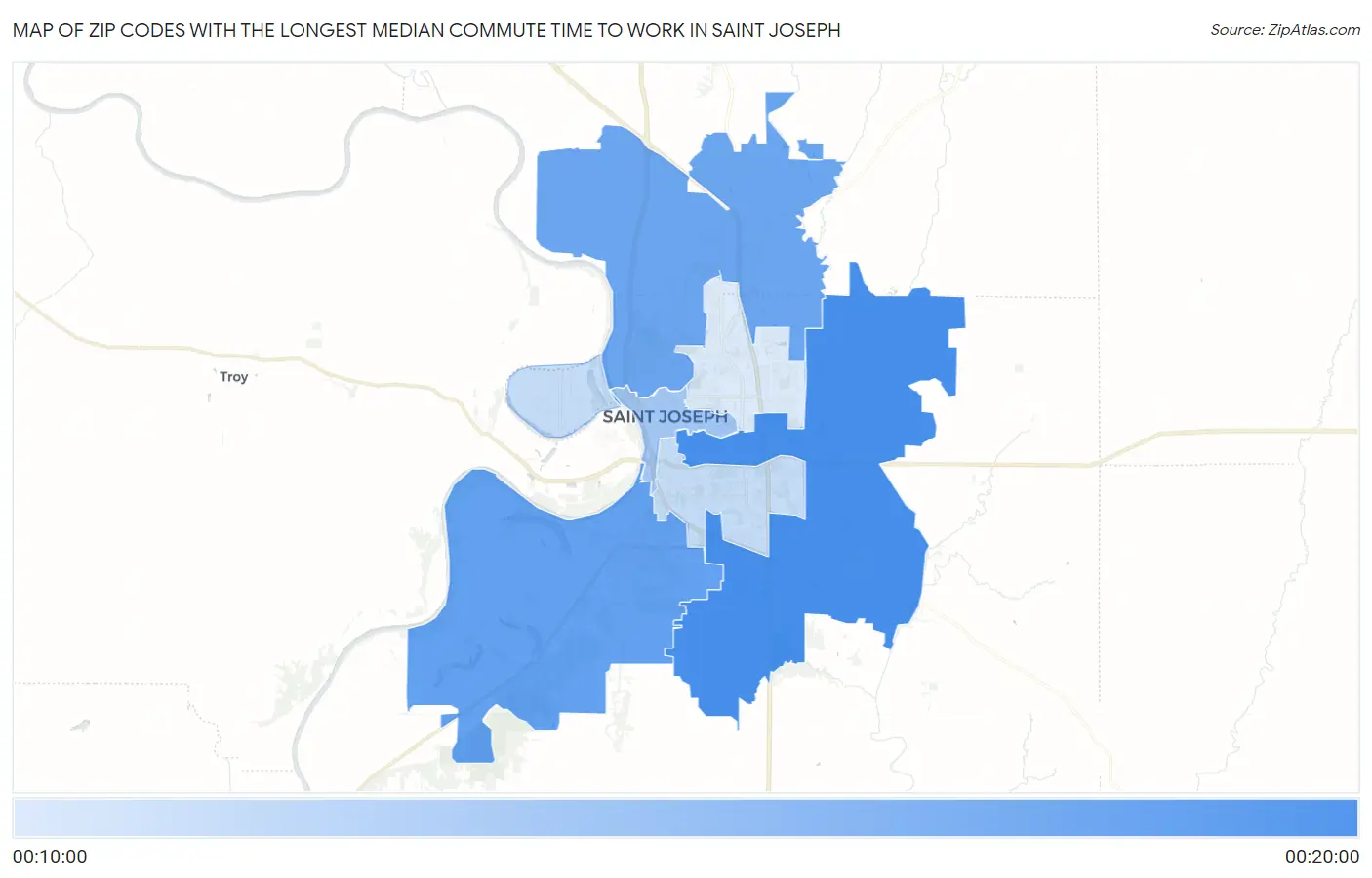 Zip Codes with the Longest Median Commute Time to Work in Saint Joseph Map