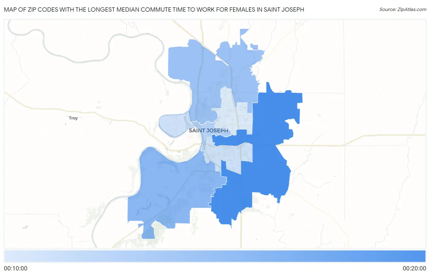 Zip Codes with the Longest Median Commute Time to Work for Females in Saint Joseph Map