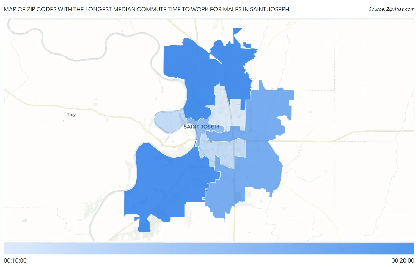 Zip Codes with the Longest Median Commute Time to Work for Males in Saint Joseph Map