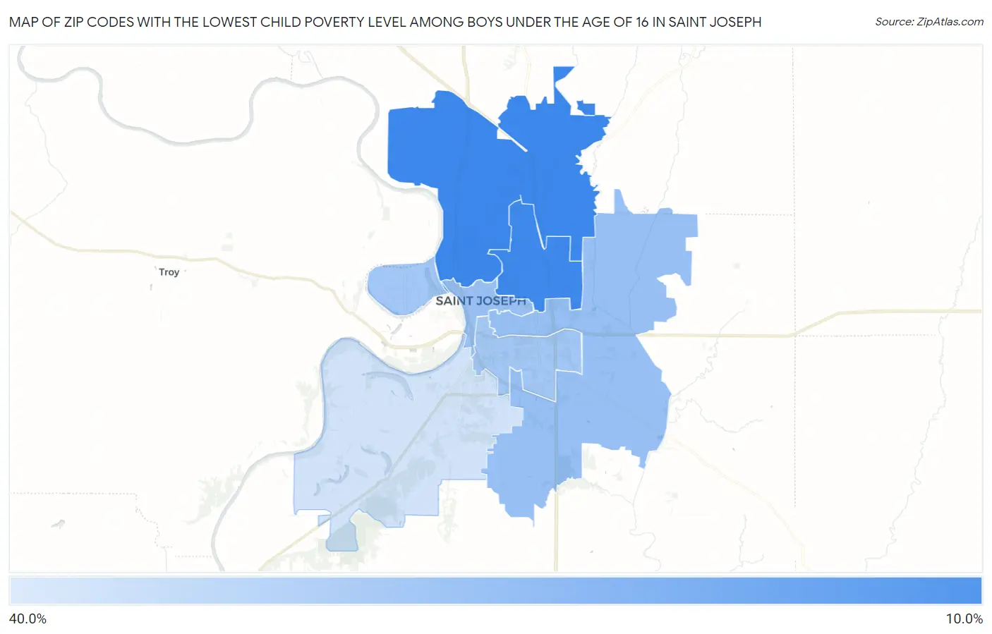 Zip Codes with the Lowest Child Poverty Level Among Boys Under the Age of 16 in Saint Joseph Map