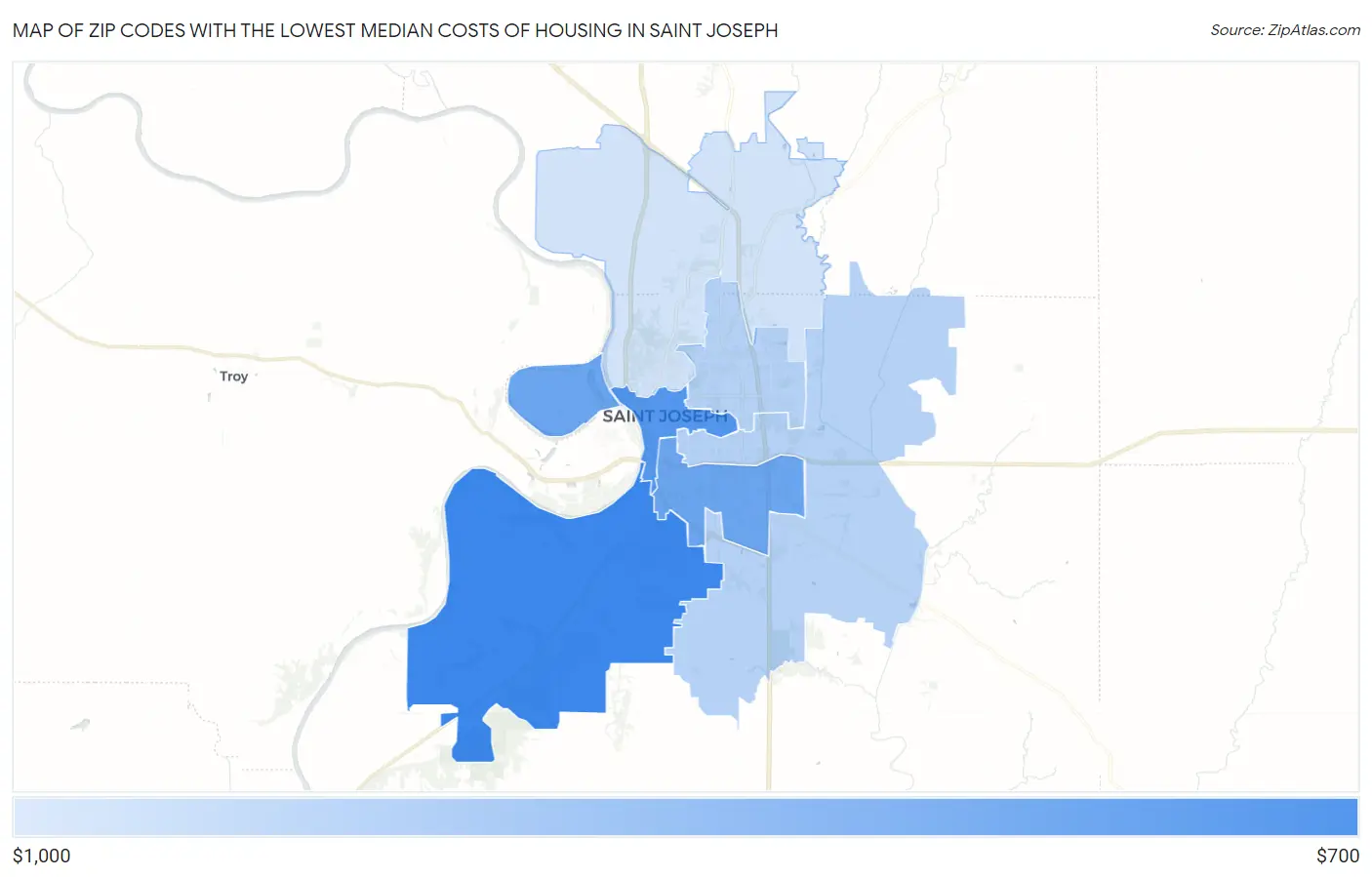 Zip Codes with the Lowest Median Costs of Housing in Saint Joseph Map