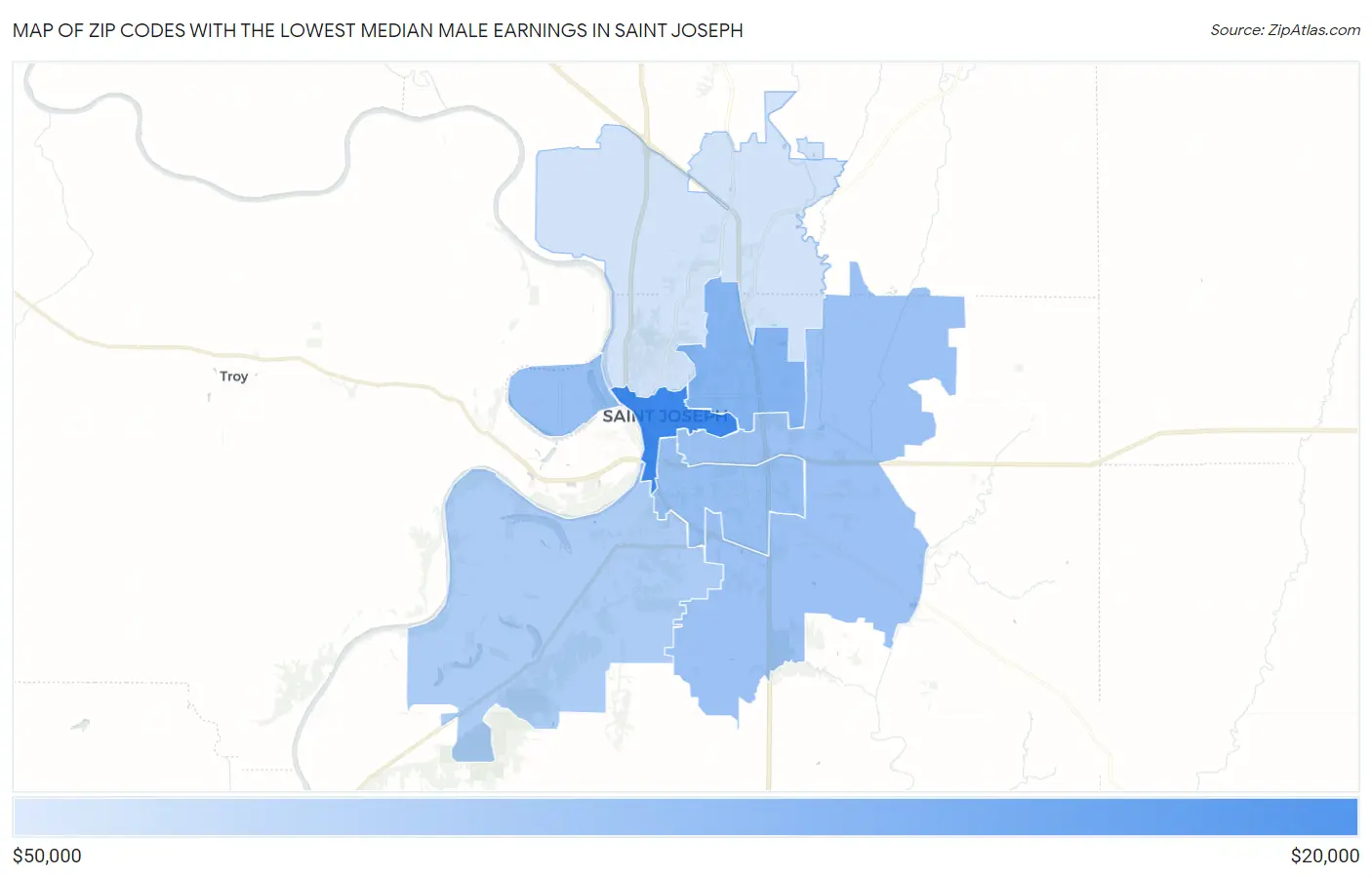 Zip Codes with the Lowest Median Male Earnings in Saint Joseph Map