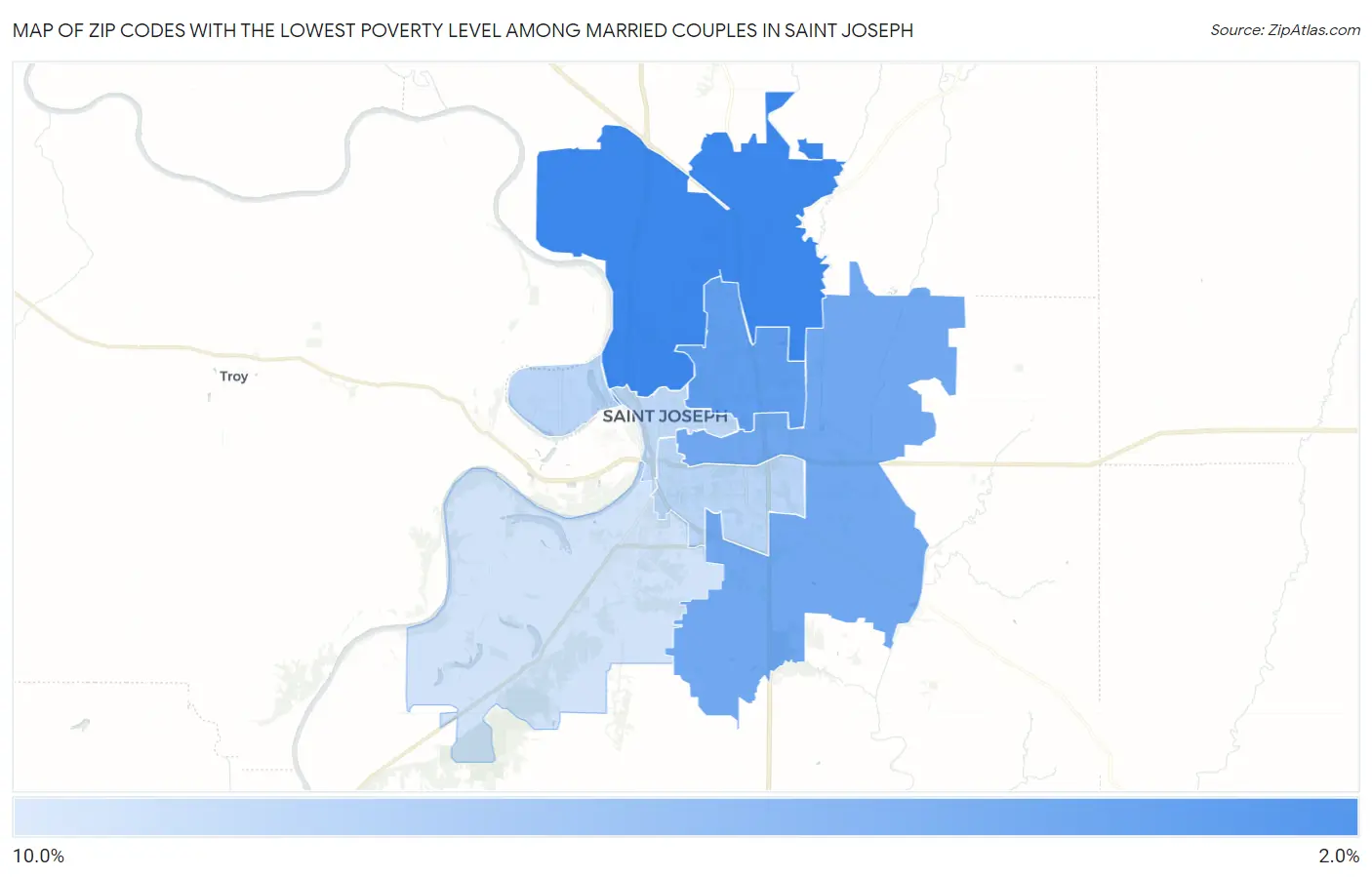 Zip Codes with the Lowest Poverty Level Among Married Couples in Saint Joseph Map