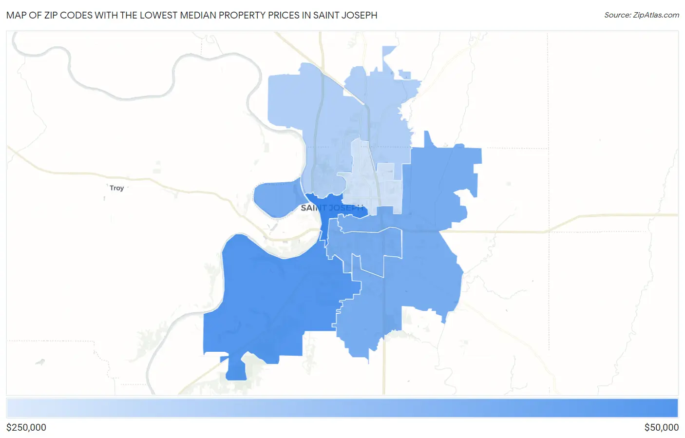 Zip Codes with the Lowest Median Property Prices in Saint Joseph Map