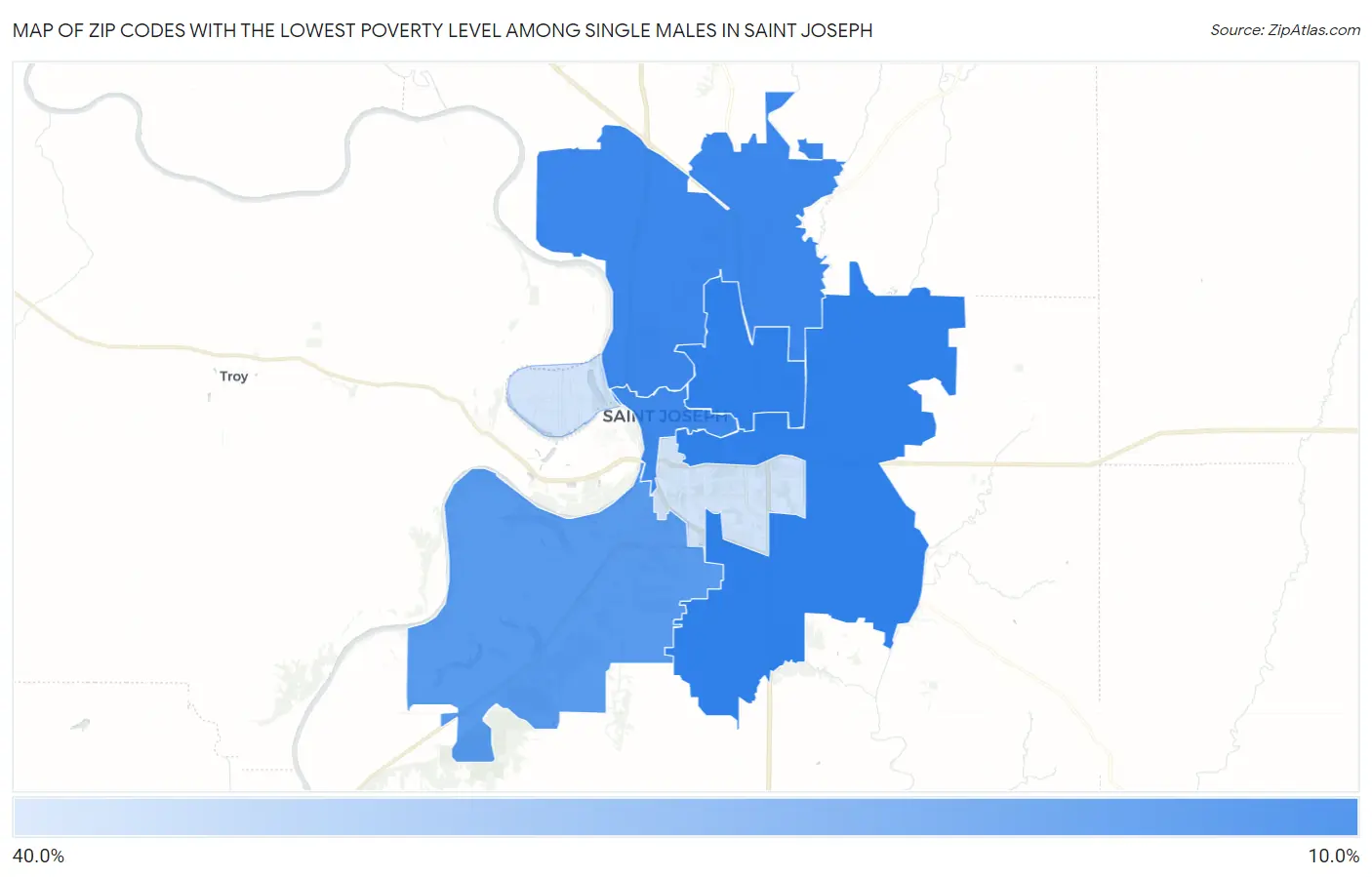 Zip Codes with the Lowest Poverty Level Among Single Males in Saint Joseph Map