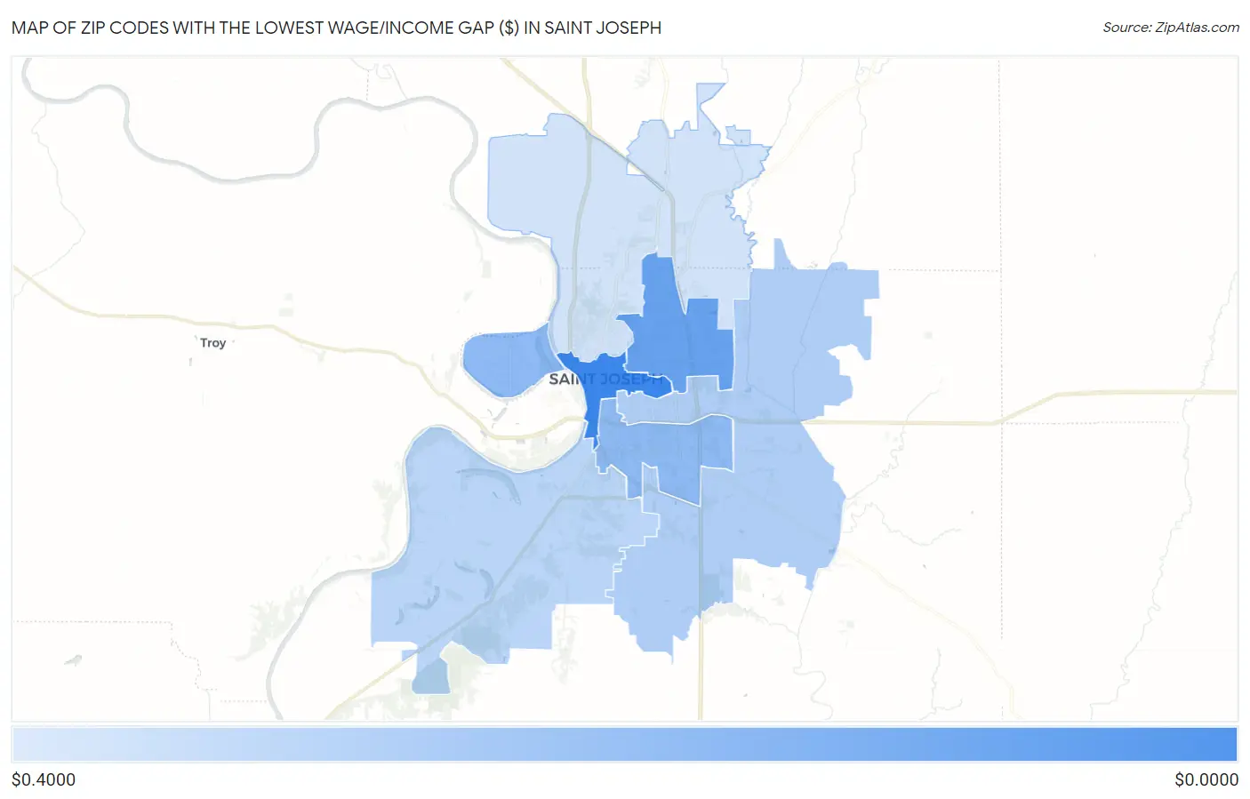 Zip Codes with the Lowest Wage/Income Gap ($) in Saint Joseph Map