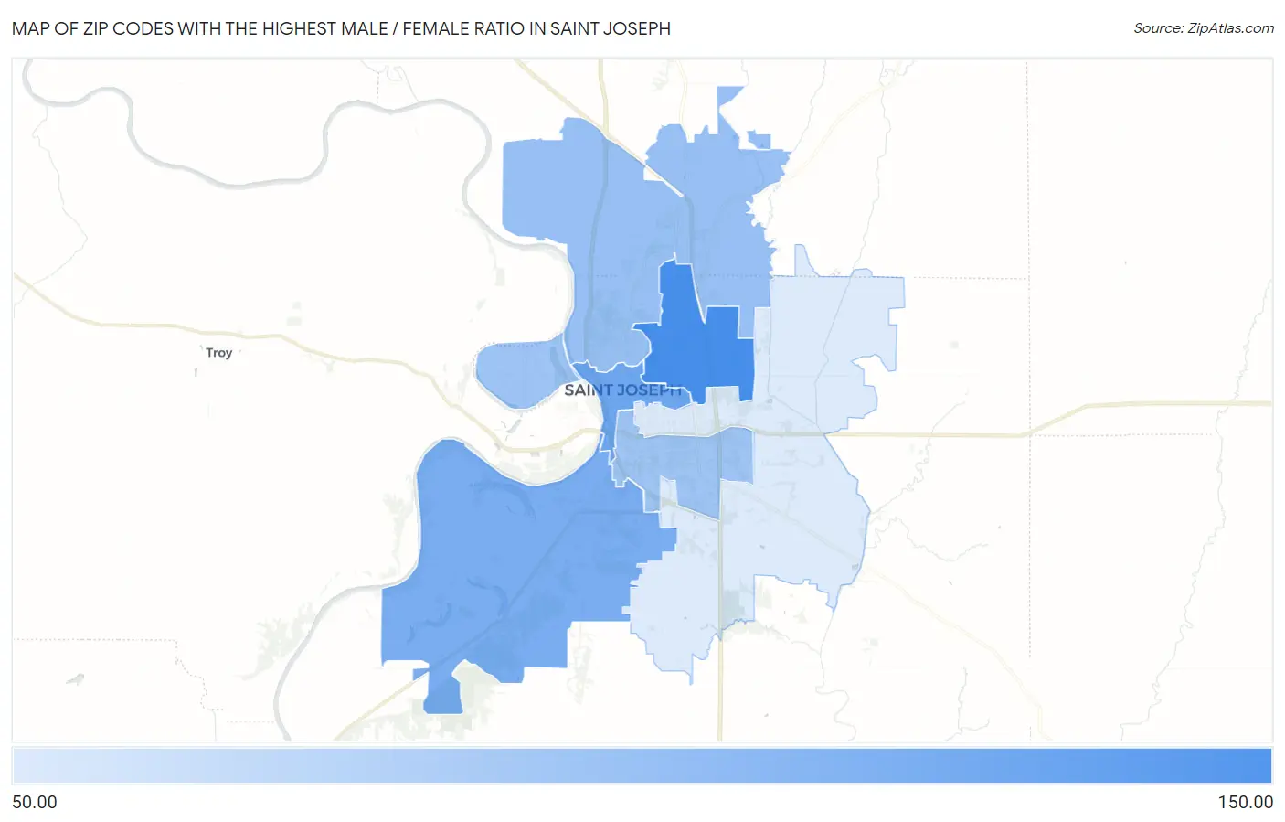 Zip Codes with the Highest Male / Female Ratio in Saint Joseph Map