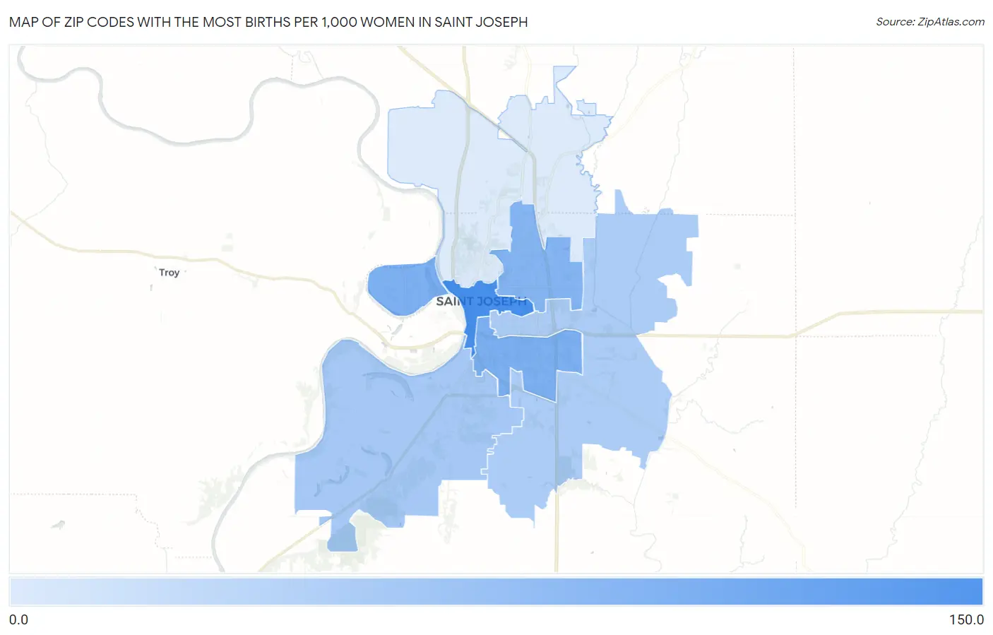 Zip Codes with the Most Births per 1,000 Women in Saint Joseph Map