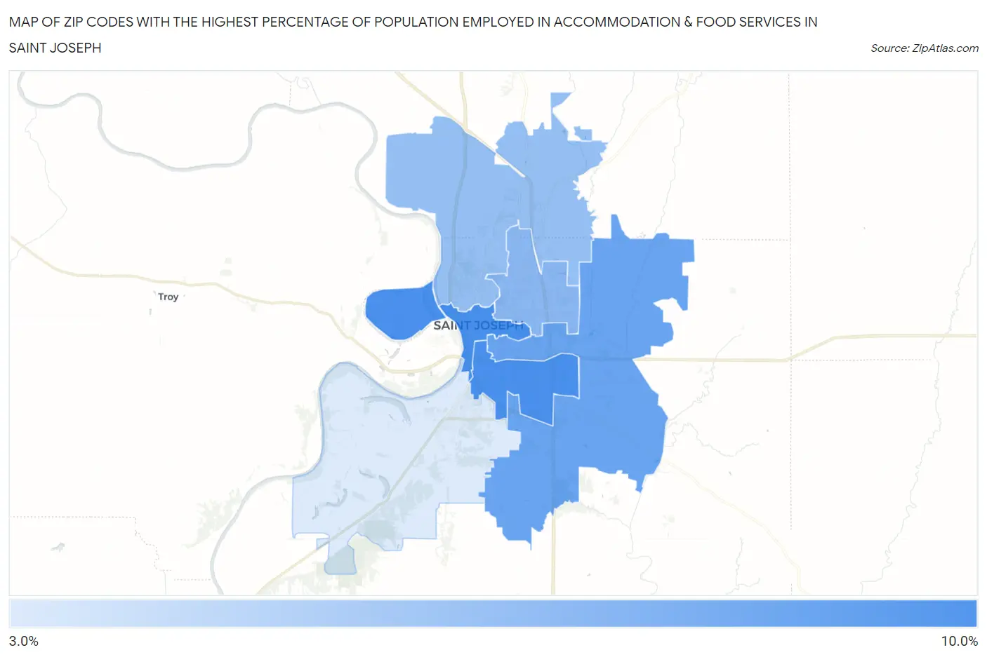 Zip Codes with the Highest Percentage of Population Employed in Accommodation & Food Services in Saint Joseph Map