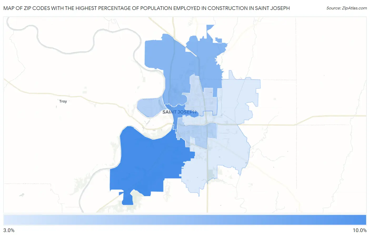 Zip Codes with the Highest Percentage of Population Employed in Construction in Saint Joseph Map