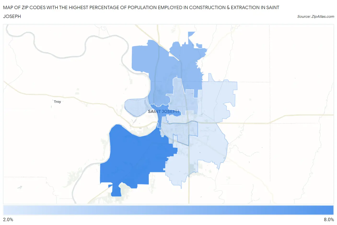 Zip Codes with the Highest Percentage of Population Employed in Construction & Extraction in Saint Joseph Map