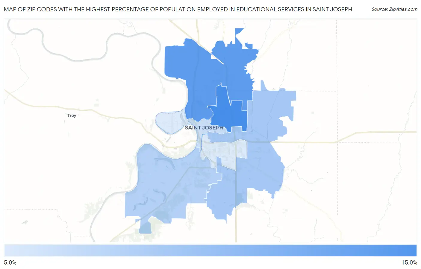 Zip Codes with the Highest Percentage of Population Employed in Educational Services in Saint Joseph Map