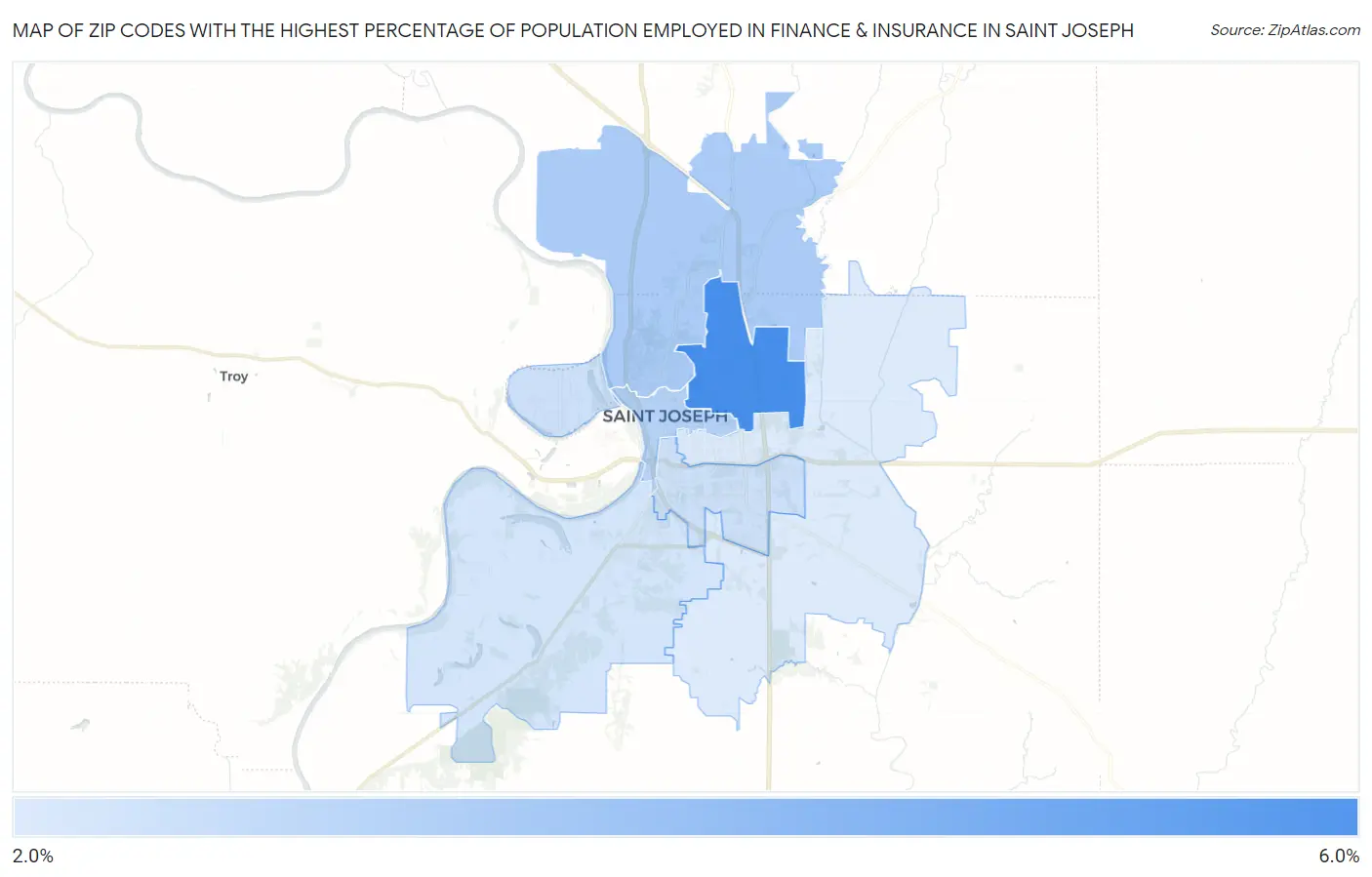 Zip Codes with the Highest Percentage of Population Employed in Finance & Insurance in Saint Joseph Map