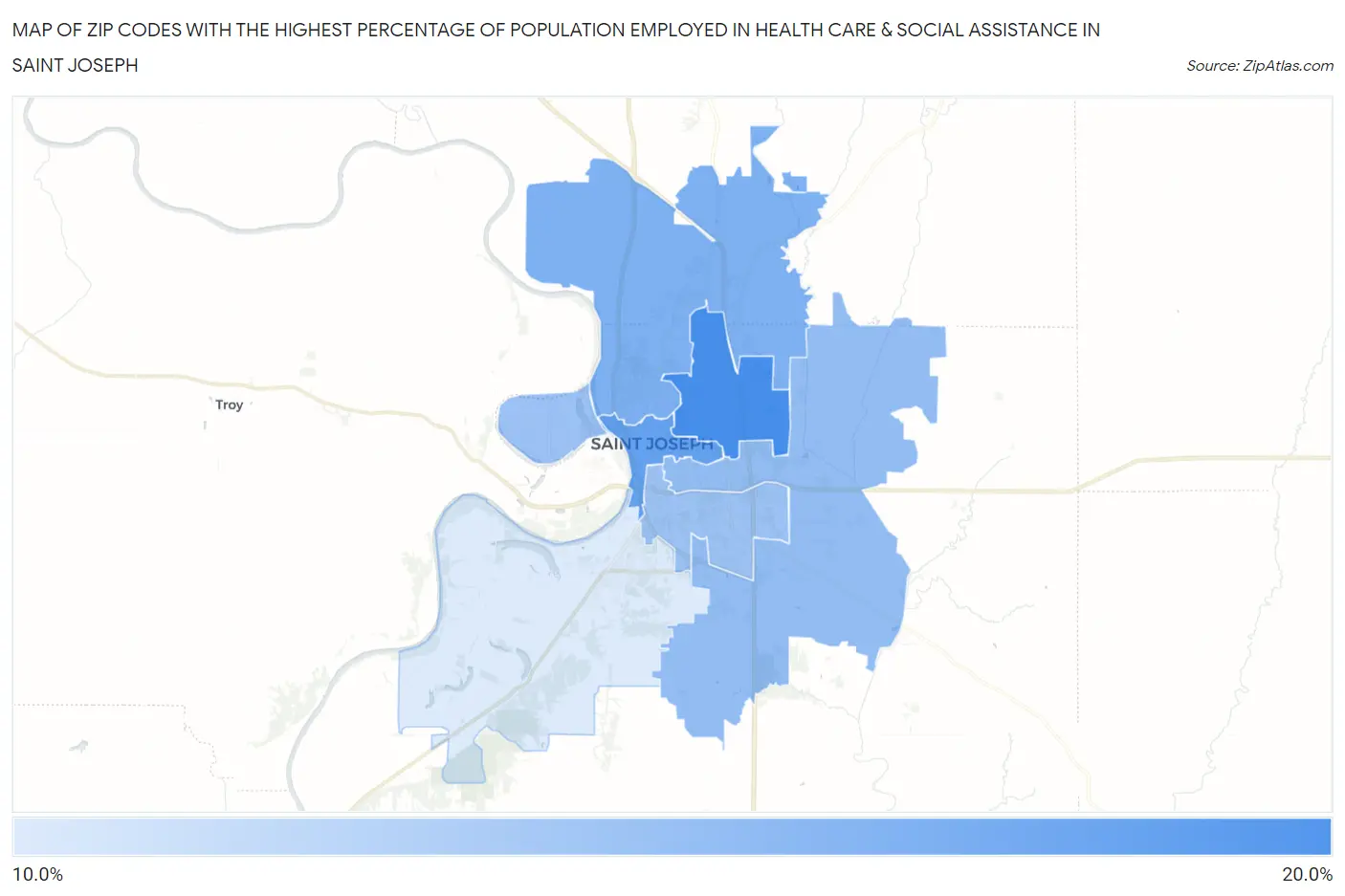 Zip Codes with the Highest Percentage of Population Employed in Health Care & Social Assistance in Saint Joseph Map