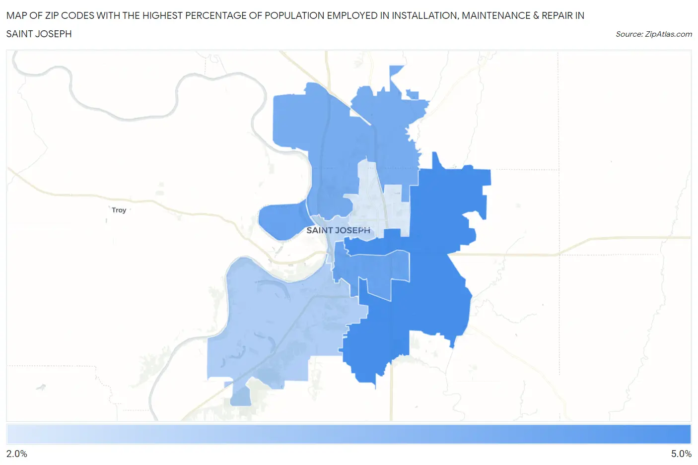 Zip Codes with the Highest Percentage of Population Employed in Installation, Maintenance & Repair in Saint Joseph Map