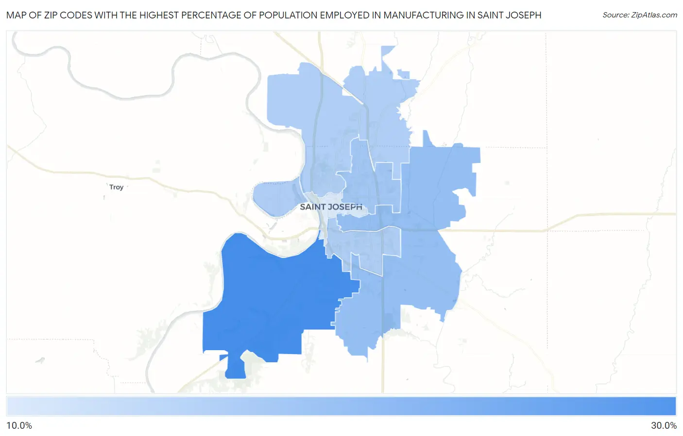 Zip Codes with the Highest Percentage of Population Employed in Manufacturing in Saint Joseph Map