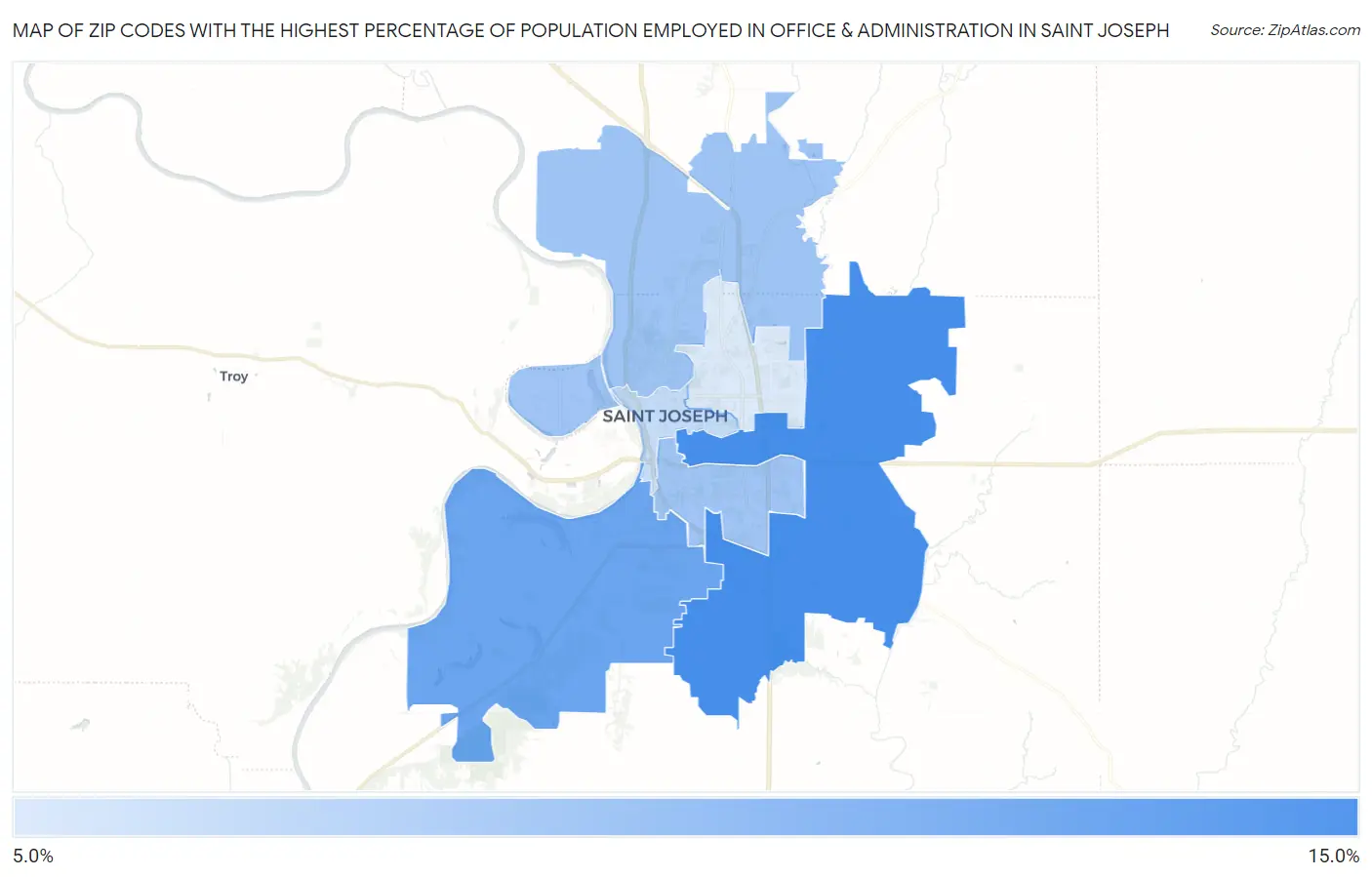 Zip Codes with the Highest Percentage of Population Employed in Office & Administration in Saint Joseph Map
